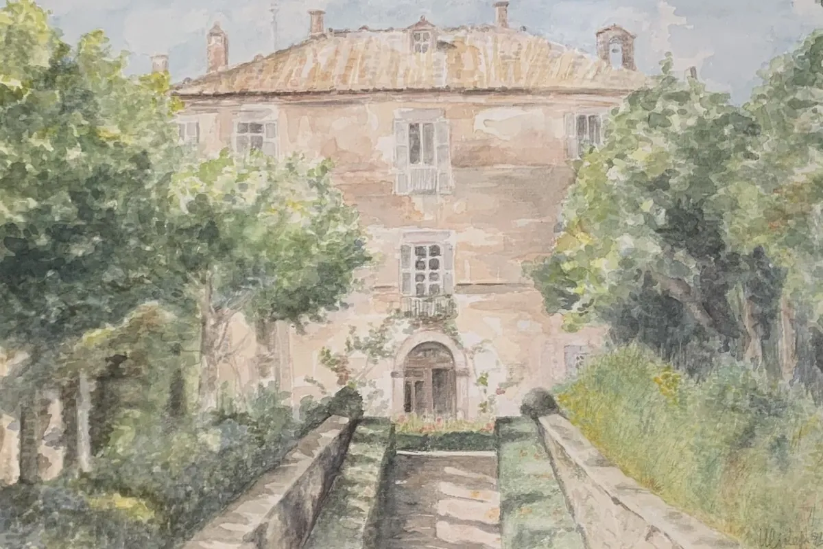 Watercolour of the villa's façade among the trees